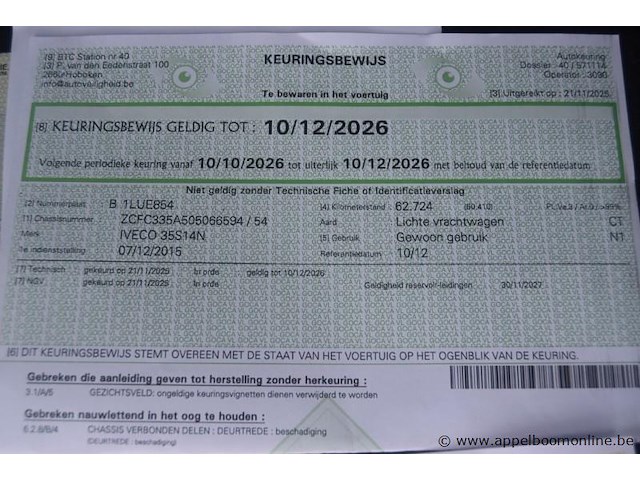 Lichte vrachtwagen iveco, 35s14n, zcfc335a505066594, 1e insch 07/12/2015, 2998cm³, 100kw, cng, euro 6, 62724km vlgs ltst keuring (2025), inschrijvingsbewijs deel i en ii, keuringsbewijs (geldig tot 10/12/2026), gelijkvormigheidsattest, identificatieverslag - afbeelding 12 van  12