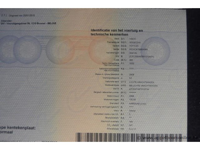 Lichte vrachtwagen iveco, 35s14n, zcfc335a605012124, 1e insch 20/01/2015, 2998cm³, 100kw, aardgas (cng), euro 6, 77727km, inschrijvingsbewijs deel i en ii, keuringsbewijs (geldig tot 01/09/2026), gelijkvormigheidsattest, identificatieverslag - afbeelding 9 van  18