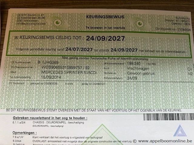 Lichte vrachtwagen, mercedes-benz sprinter 515cdi, wdb9066531s899757, 1e insch 2014-09-15, 198246km, 2987cm³, 140kw, diesel, manueel, euro 6, mtm 5000kg, tarra 4280kg, gesloten opbouw, keur. tot 2027-09-24, insch. deel i en ii, coc en identificatieverslag - afbeelding 8 van  18