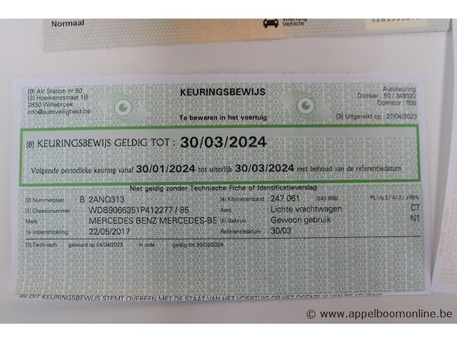 Lichte vrachtwagen mercedes benz, sprinter, wdb9066351p412277, 1e insch 2017, 2100cm³, 105kw, diesel, euro 6b, 247061km vlgs ltst keuring (2023), inschrijvingsbewijs deel i, keuringsbewijs, gelijkvormigheidsattest, identificatieverslag - afbeelding 2 van  13