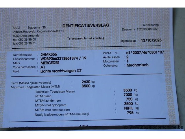 Lichte vrachtwagen, mercedes, sprinter, wdb9066331s861874, 1e insch 21/11/2013, 2987cm³, 140kw, diesel, euro 6, 373406km, inschrijvingsbewijs deel i, keuringsbewijs (geldig tot 24/07/2026), gelijkvormigheidsattest, identificatieverslag - afbeelding 9 van  21
