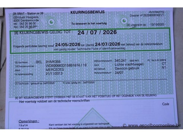 Lichte vrachtwagen, mercedes, sprinter, wdb9066331s861874, 1e insch 21/11/2013, 2987cm³, 140kw, diesel, euro 6, 373406km, inschrijvingsbewijs deel i, keuringsbewijs (geldig tot 24/07/2026), gelijkvormigheidsattest, identificatieverslag - afbeelding 10 van  21