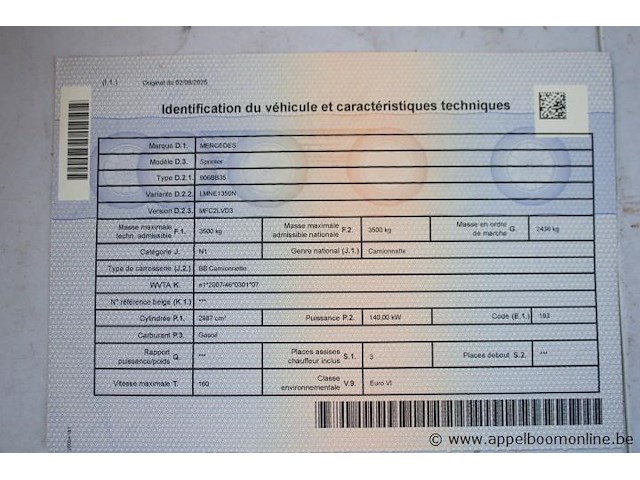 Lichte vrachtwagen, mercedes, sprinter, wdb9066331s861874, 1e insch 21/11/2013, 2987cm³, 140kw, diesel, euro 6, 373406km, inschrijvingsbewijs deel i, keuringsbewijs (geldig tot 24/07/2026), gelijkvormigheidsattest, identificatieverslag - afbeelding 14 van  21