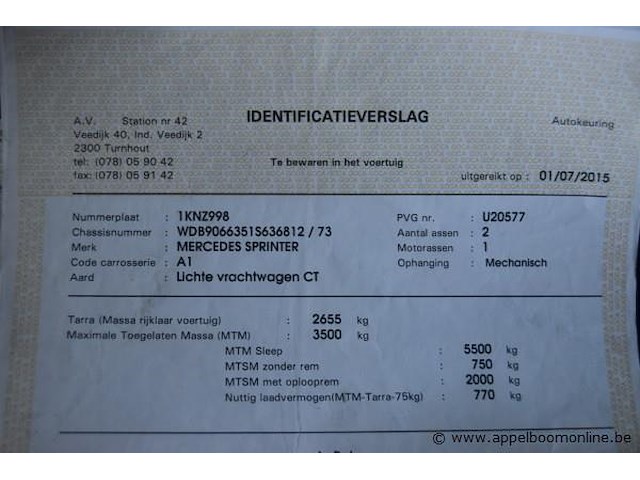Lichte vrachtwagen mercedes, sprinter, wdb9066351s636812, 1e insch 13/12/2011, 2143cm³, 95kw, diesel, euro 5, 352906km, inschrijvingsbewijs deel i en ii, keuringsbewijs (geldig tot 03/06/2026), gelijkvormigheidsattest, identificatieverslag - afbeelding 11 van  22