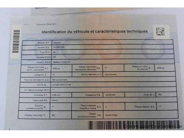 Lichte vrachtwagen nissan, interstar, vnvm1000970339763, 1e insch 25/04/2023, 2299cm³, 100kw, diesel, euro 6d, 91350km, inschrijvingsbewijs deel i en ii, keuringsbewijs (geldig tot 03/05/2027), gelijkvormigheidsattest, identificatieverslag - afbeelding 9 van  21