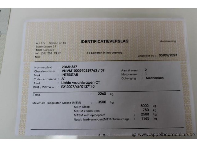 Lichte vrachtwagen nissan, interstar, vnvm1000970339763, 1e insch 25/04/2023, 2299cm³, 100kw, diesel, euro 6d, 91350km, inschrijvingsbewijs deel i en ii, keuringsbewijs (geldig tot 03/05/2027), gelijkvormigheidsattest, identificatieverslag - afbeelding 13 van  21