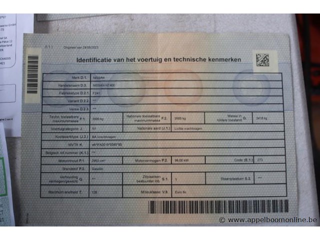 Lichte vrachtwagen nissan, nt400, vwasxtf24k7223421, 1e insch 21/05/2019, 2953cm³, 96kw, diesel, euro 6, 126438km, inschrijvingsbewijs deel i en ii, keuringsbewijs (geldig tot 25/08/2026), gelijkvormigheidsattest, identificatieverslag - afbeelding 13 van  23