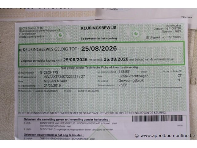 Lichte vrachtwagen nissan, nt400, vwasxtf24k7223421, 1e insch 21/05/2019, 2953cm³, 96kw, diesel, euro 6, 126438km, inschrijvingsbewijs deel i en ii, keuringsbewijs (geldig tot 25/08/2026), gelijkvormigheidsattest, identificatieverslag - afbeelding 14 van  23