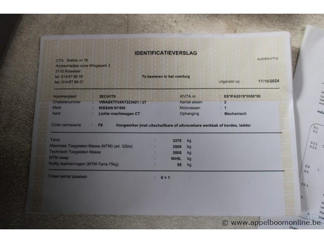 Lichte vrachtwagen nissan, nt400, vwasxtf24k7223421, 1e insch 21/05/2019, 2953cm³, 96kw, diesel, euro 6, 126438km, inschrijvingsbewijs deel i en ii, keuringsbewijs (geldig tot 25/08/2026), gelijkvormigheidsattest, identificatieverslag - afbeelding 15 van  23