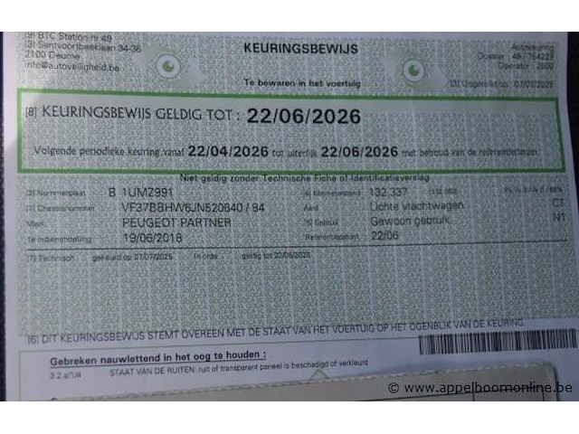 Lichte vrachtwagen, peugeot, partner, vf37bbhw6jn520640, 1e insch 19/06/2018, 1560cm³, 55kw, diesel, euro 6b, 136978km, inschrijvingsbewijs deel i en ii, keuringsbewijs (geldig tot 22/06/2026), gelijkvormigheidsattest, identificatieverslag - afbeelding 8 van  19