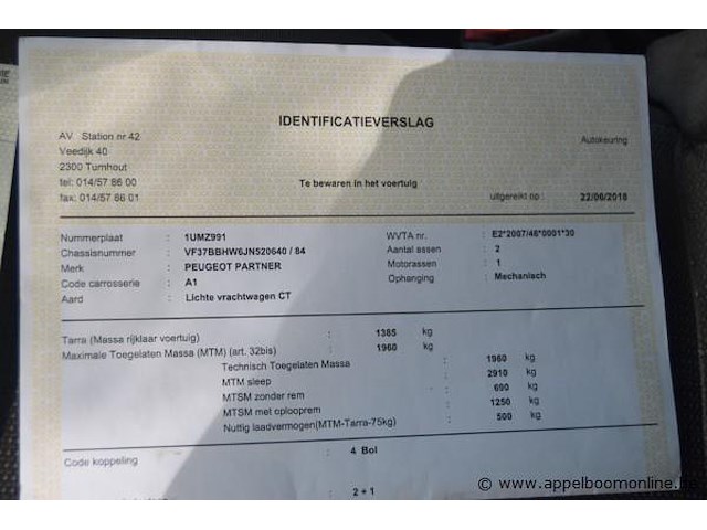 Lichte vrachtwagen, peugeot, partner, vf37bbhw6jn520640, 1e insch 19/06/2018, 1560cm³, 55kw, diesel, euro 6b, 136978km, inschrijvingsbewijs deel i en ii, keuringsbewijs (geldig tot 22/06/2026), gelijkvormigheidsattest, identificatieverslag - afbeelding 9 van  19