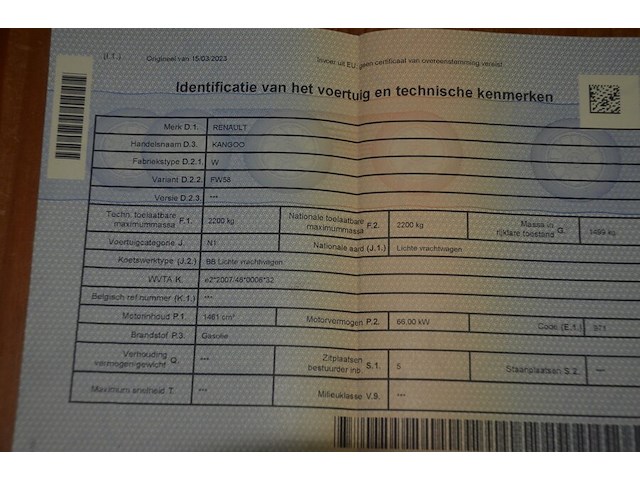 Lichte vrachtwagen renault kangoo, type w, variant fw58, ch.nr. vf1fw58m554191583, bouwjaar 18-05-2016 (sleutel, boorddocumenten: inschrijvingsbewijs deel i en gelijkvormigheidsattest) (2) - afbeelding 21 van  36