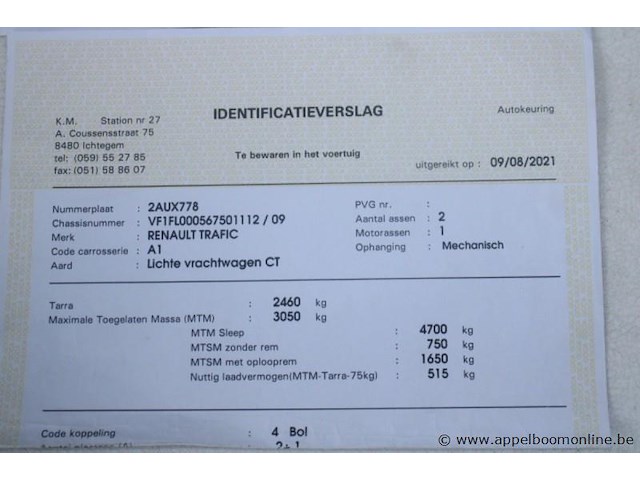 Lichte vrachtwagen renault, trafic, vf1fl000567501112, 1e insch 29/07/2021, 142354km, inschrijvingsbewijs deel i, keuringsbewijs (geldig tot 09/08/2026), gelijkvormigheidsattest, identificatieverslag - afbeelding 8 van  20