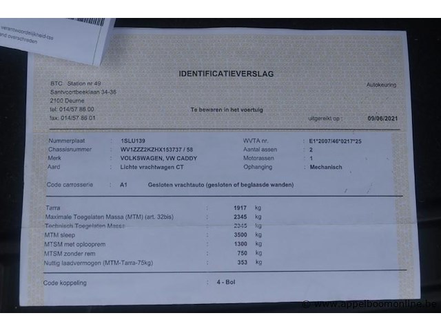 Lichte vrachtwagen volkswagen, caddy, wv1zzz2kzhx153737, 1e insch 09/06/2017, 1395cm³, 81kw, aardgas, euro 6d, 79469km, inschrijvingsbewijs deel i en ii, keuringsbewijs (geldig tot 27/06/2026), gelijkvormigheidsattest, identificatieverslag - afbeelding 8 van  19