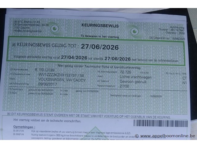 Lichte vrachtwagen volkswagen, caddy, wv1zzz2kzhx153737, 1e insch 09/06/2017, 1395cm³, 81kw, aardgas, euro 6d, 79469km, inschrijvingsbewijs deel i en ii, keuringsbewijs (geldig tot 27/06/2026), gelijkvormigheidsattest, identificatieverslag - afbeelding 9 van  19