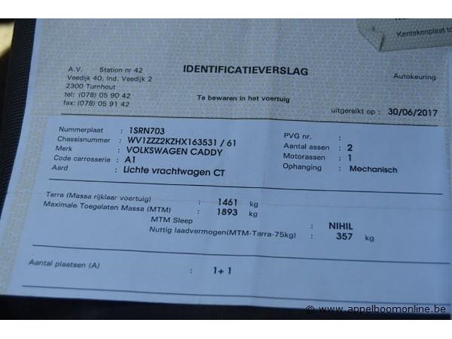 Lichte vrachtwagen volkswagen, caddy, wv1zzz2kzhx163531, 1e insch 28/06/2017, 1968cm³, 55kw, diesel, euro 6b, 157179km, inschrijvingsbewijs deel i en ii, keuringsbewijs (geldig tot 30/06/2026), gelijkvormigheidsattest, identificatieverslag - afbeelding 10 van  20