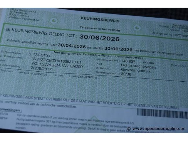 Lichte vrachtwagen volkswagen, caddy, wv1zzz2kzhx163531, 1e insch 28/06/2017, 1968cm³, 55kw, diesel, euro 6b, 157179km, inschrijvingsbewijs deel i en ii, keuringsbewijs (geldig tot 30/06/2026), gelijkvormigheidsattest, identificatieverslag - afbeelding 11 van  20