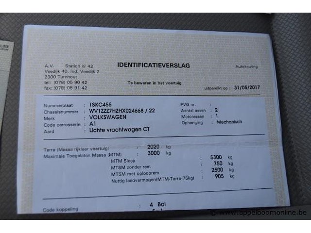 Lichte vrachtwagen volkswagen, t6 business van, wv1zzz7hzhx024668, 1e insch 29/05/2017, 1968cm³, 110kw, diesel, euro 6b, 194028km, inschrijvingsbewijs deel i en ii, keuringsbewijs (geldig tot 31/05/2026), gelijkvormigheidsattest, identificatieverslag - afbeelding 8 van  20