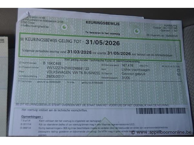 Lichte vrachtwagen volkswagen, t6 business van, wv1zzz7hzhx024668, 1e insch 29/05/2017, 1968cm³, 110kw, diesel, euro 6b, 194028km, inschrijvingsbewijs deel i en ii, keuringsbewijs (geldig tot 31/05/2026), gelijkvormigheidsattest, identificatieverslag - afbeelding 9 van  20