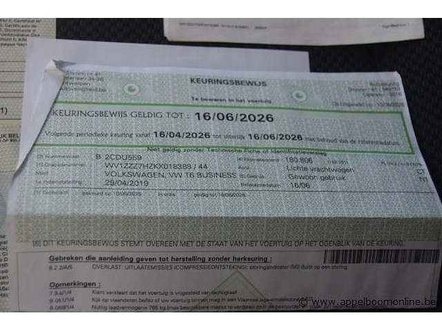 Lichte vrachtwagen volkswagen, t6 business van, wv1zzz7hzkx018388, 1e insch 29/04/2019, 1968cm³, 110kw, diesel, euro 6b, 220232km, inschrijvingsbewijs deel i en ii, keuringsbewijs (geldig tot 16/06/2026), gelijkvormigheidsattest, identificatieverslag - afbeelding 10 van  22