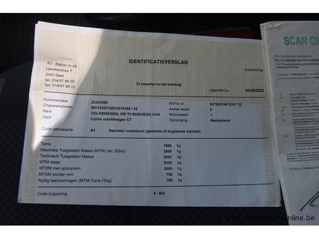Lichte vrachtwagen volkswagen, t6 business van, wv1zzz7hzkx018388, 1e insch 29/04/2019, 1968cm³, 110kw, diesel, euro 6b, 220232km, inschrijvingsbewijs deel i en ii, keuringsbewijs (geldig tot 16/06/2026), gelijkvormigheidsattest, identificatieverslag - afbeelding 13 van  22