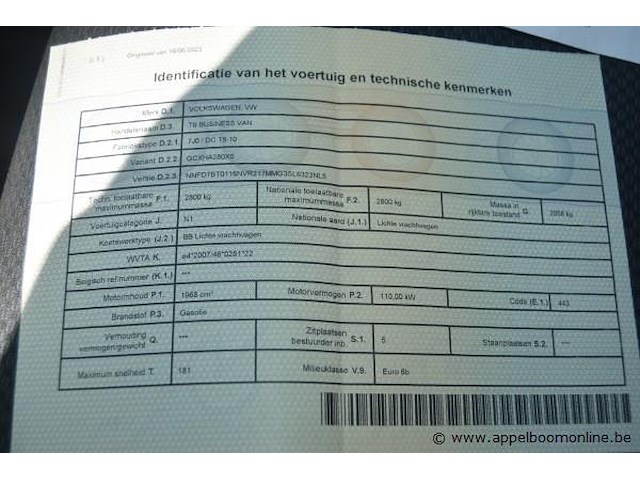 Lichte vrachtwagen volkswagen, t6 business van, wv1zzz7hzkx018388, 1e insch 29/04/2019, 1968cm³, 110kw, diesel, euro 6b, 220232km, inschrijvingsbewijs deel i en ii, keuringsbewijs (geldig tot 16/06/2026), gelijkvormigheidsattest, identificatieverslag - afbeelding 15 van  22