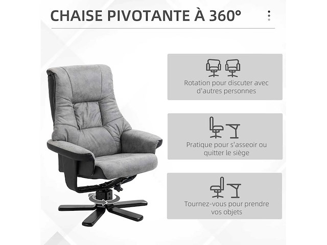 Ligstoel 135° draaibaar 360° met voetsteun microvezel bekleding grijs - afbeelding 3 van  3