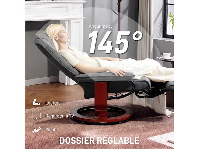 Ligstoel met een leunstoel, verstelbare voetensteun, 360° draaibare kantel, houten onderstel, stof die op een grijze linnen look lijkt - afbeelding 4 van  5