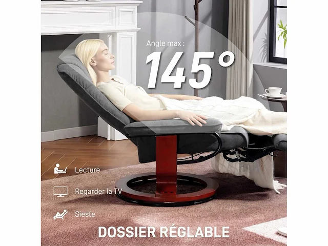 Ligstoel met een leunstoel, verstelbare voetensteun, 360° draaibare kantel, houten onderstel, stof die op een grijze linnen look lijkt - afbeelding 4 van  5