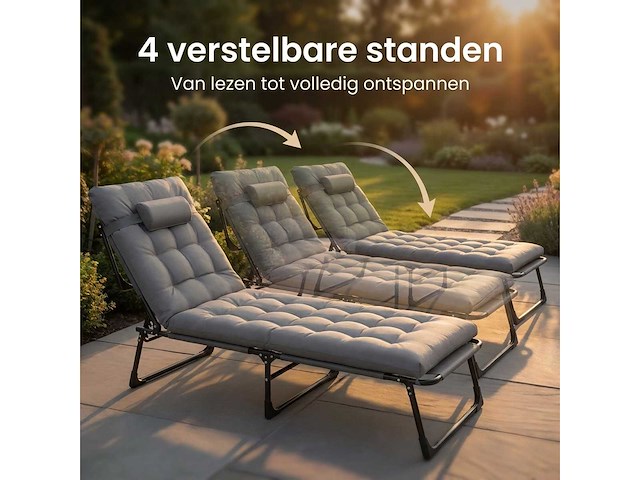 Ligstoel tuin - opvouwbare verstelbare tuinstoel met kussen (4x) - afbeelding 3 van  9
