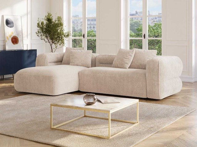 Linkerhoek bank in beige stof met textuur - afbeelding 1 van  3