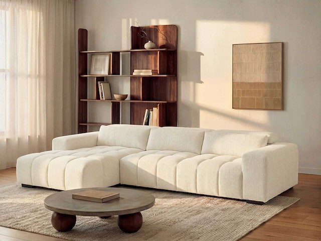 Linkerhoek bank in beige stof met textuur - afbeelding 2 van  7