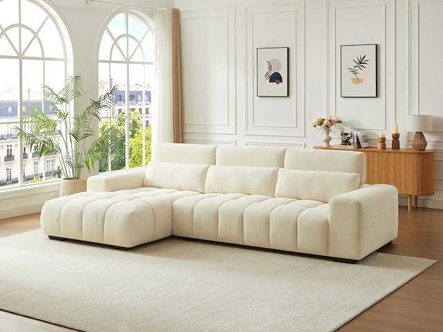 Linkerhoek bank in beige stof met textuur - afbeelding 1 van  11