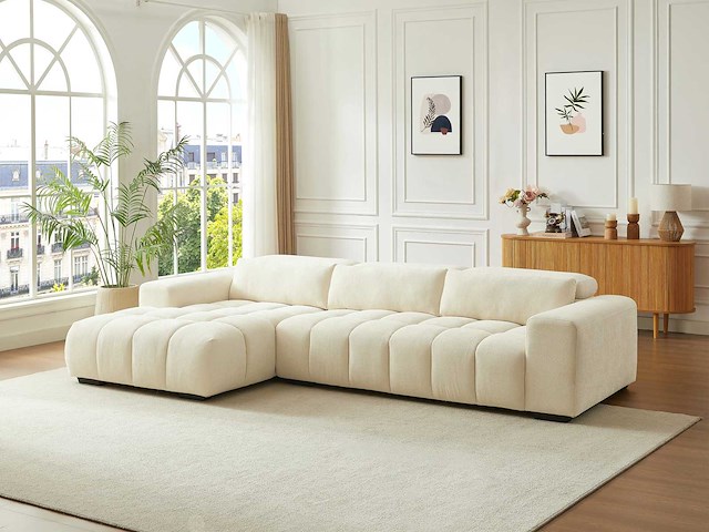 Linkerhoek bank in beige stof met textuur - afbeelding 5 van  11