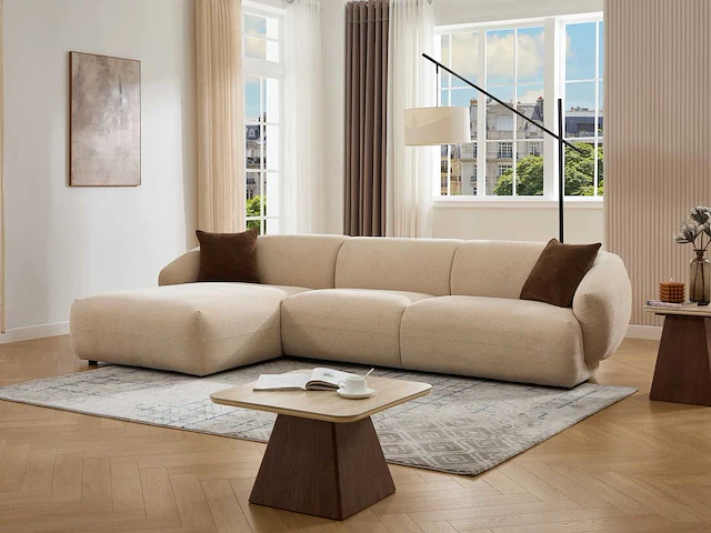 Linkerhoek bank in beige stof met textuur - afbeelding 1 van  4