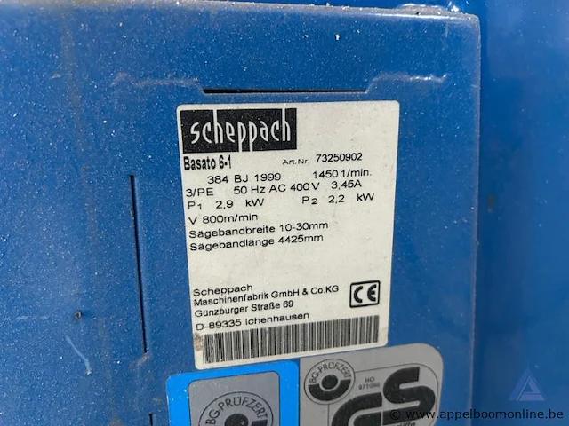 Lintzaagmachine scheppach basato 6-1, bouwjaar 1999, met een vermogen van 2,2 kw en een aansluiting van 400 v (3 fasen). geschikt voor zaagbanden van 10-30 mm breed en 4425 mm lang. - afbeelding 2 van  2
