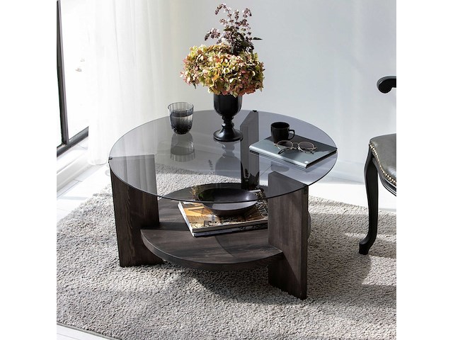 Locelso salontafel | 100% gehard glas | frame van pijnboomhout | antraciet donkerbruin - afbeelding 2 van  7