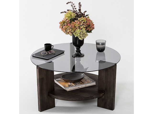 Locelso salontafel | 100% gehard glas | frame van pijnboomhout | antraciet donkerbruin - afbeelding 5 van  7