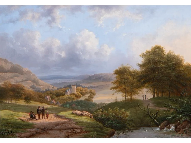 Lodewijk johannes kleyn (1817-1897), figures in an extensive summer landscape between nijmegen and cleve, oil on panel 33.5 x 47.5 cm. (13.18 x 18.69 in.), frame: 50 x 63 cm. (19.67 x 24.80 in.) - afbeelding 1 van  5