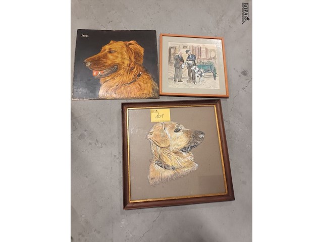 Lot 101 - schilderij en tekeningen met hond. 3 stuks - afbeelding 1 van  4