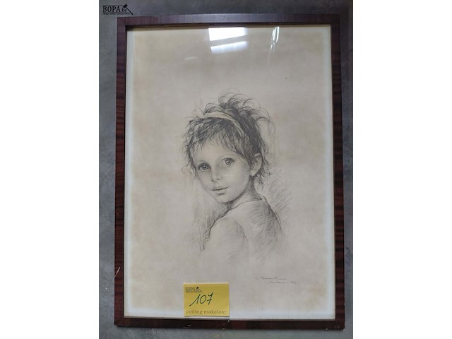 Lot 107 - lithografie print 1974 - portret jong meisje giuseppe tarant - afbeelding 2 van  2
