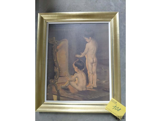 Lot 108 - afbeelding in bladgouden lijst - naakte kinderen voor openha - afbeelding 1 van  2