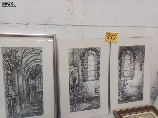Lot 112 - tekeningen kerkinterieur. 4 stuks - afbeelding 1 van  8
