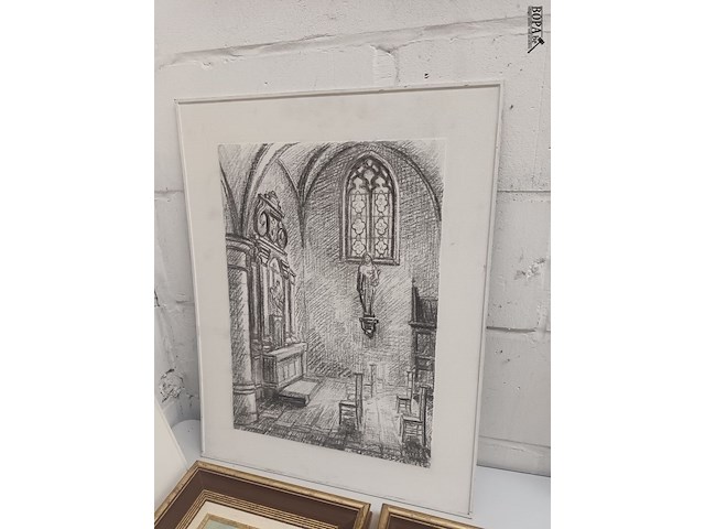 Lot 112 - tekeningen kerkinterieur. 4 stuks - afbeelding 2 van  8