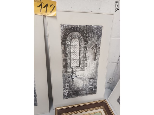 Lot 112 - tekeningen kerkinterieur. 4 stuks - afbeelding 3 van  8