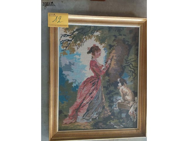 Lot 12 - geborduurd schiilderij - romantisch tafereel - afbeelding 1 van  3