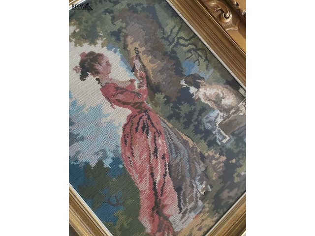 Lot 12 - geborduurd schiilderij - romantisch tafereel - afbeelding 2 van  3