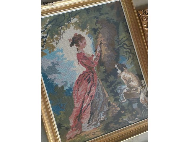 Lot 12 - geborduurd schiilderij - romantisch tafereel - afbeelding 3 van  3
