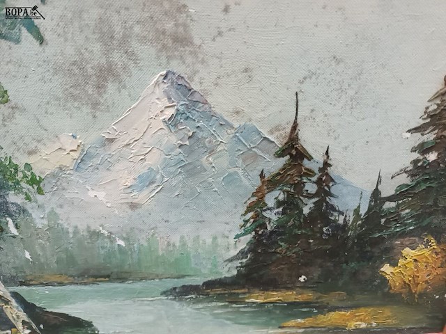 Lot 133 - schilderij bos met water en bergen - afbeelding 3 van  4