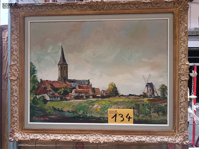 Lot 134 - schilderij dorp met molen - afbeelding 1 van  4